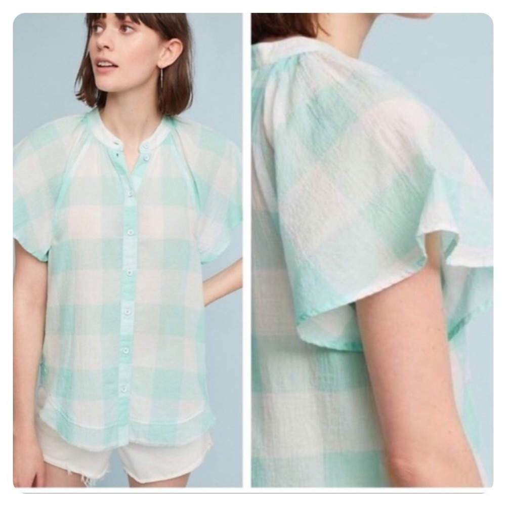 Maeve Anthropologie Mint Gingham Flutter Sleeve Cotton Blouse Size Small
